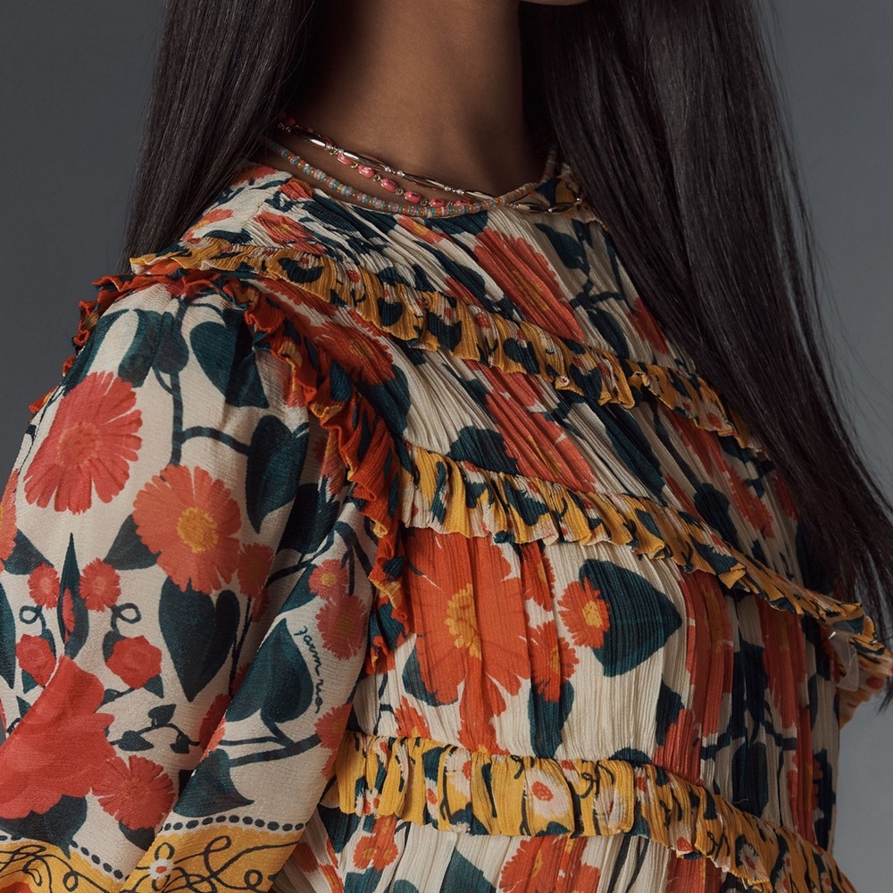 Farm Rio Anthropologie NWT Puff Sleeve Mini Dress in Yellow Floral Motif Small - Picture 4 of 11